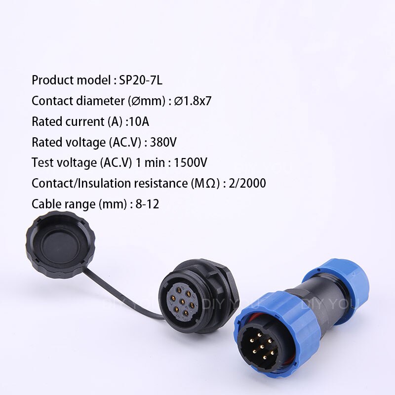 Waterdichte connector met sp20 ip68 moertjes aan de achterkant, 1/2/3/4/5/6/7/9/10/12/14- pins luchtvaartconnectoren, stekker en stopcontact: Sp20-7l