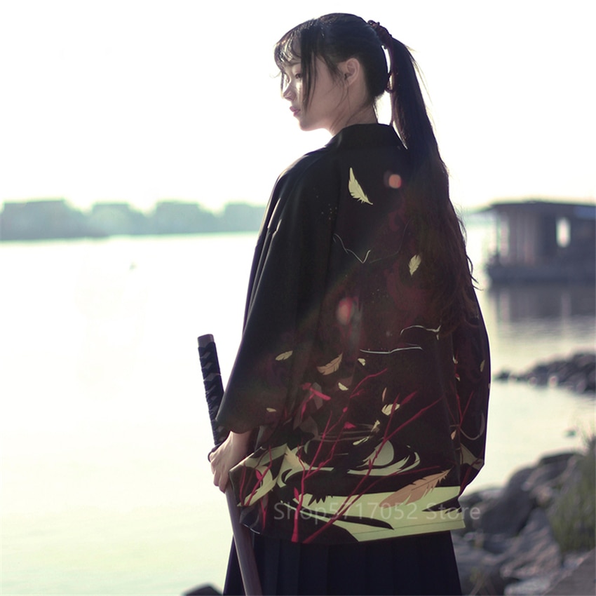 Kimono cardigan drieduizend kraaien doden vrouw jurk japanse stijl haori samurai kostuum mannen aziatische kleding zwart wit yukata