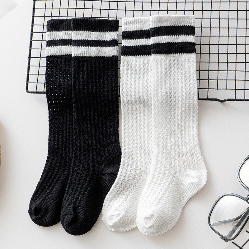 Calcetines largos a rayas para niños y niñas, calcetín hasta la rodilla de malla de algodón suave, medias transpirables finas para niños de 3 a 12 años, verano 2022