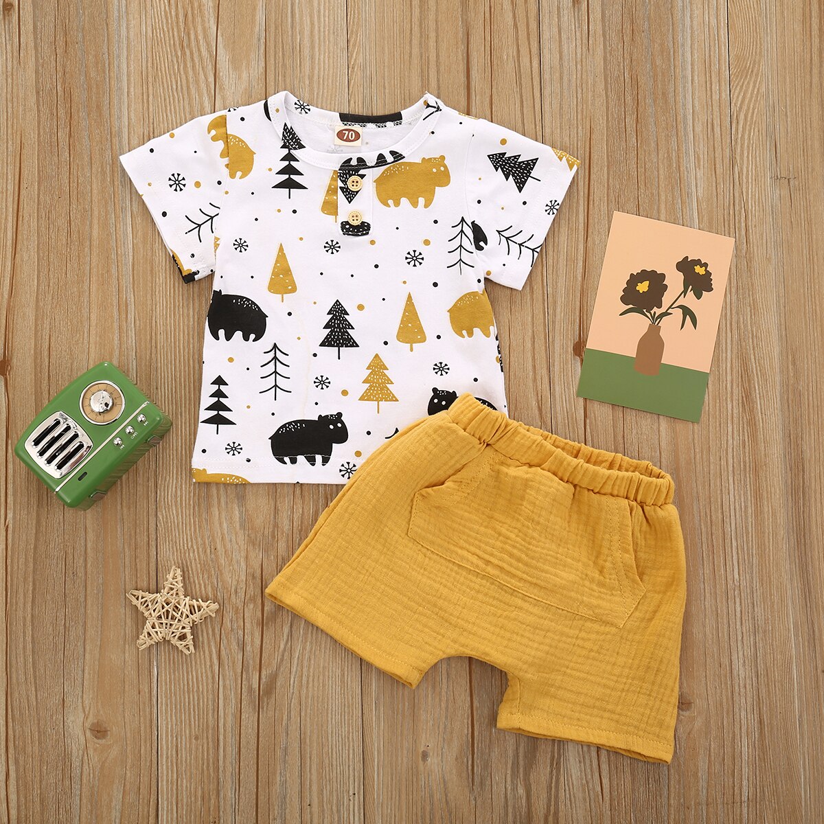 Kinderkleding sets met korte mouwen, t-shirts, topjes en gele shorts, 2 stuks