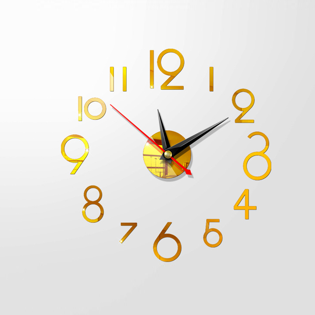Wall Clock Sticker 3D DIY Hanging Clock Decal Self Adhesive Decoration Wallclock Sticker, Red: Dark Gold