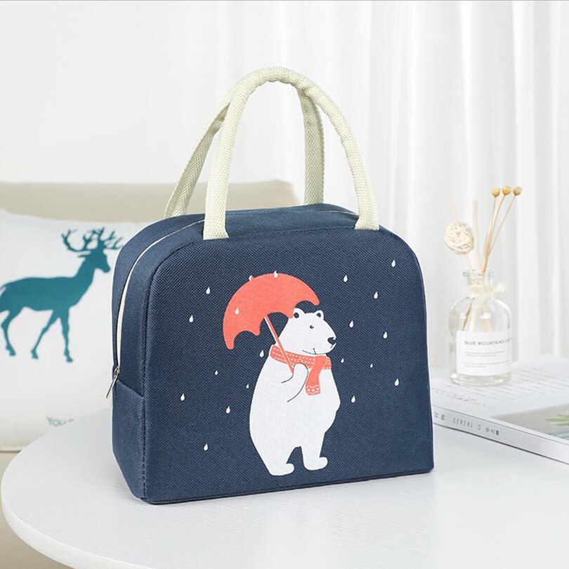 Cartoon Printed Thermal Insulated Snack Canvas Box Tote Bag Cooler Food Lunch Picnic Storage Bags For Women Kids Men Camping: Blue