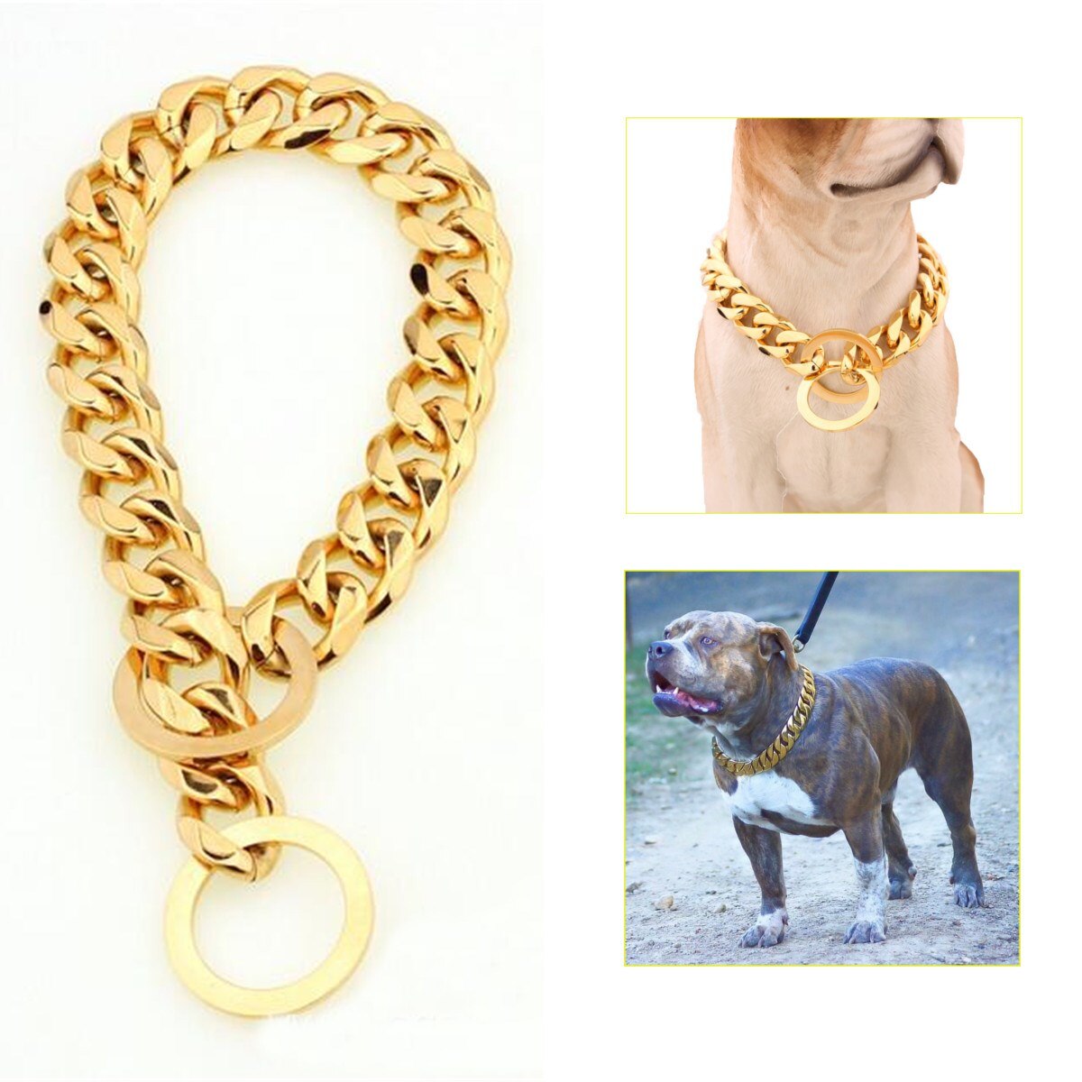 Collier chaîne or pour chien 14-26 "| 13mm de large, Double bord, cubain Rombo Link, 316L en acier inoxydable, bijoux pour animaux de compagnie