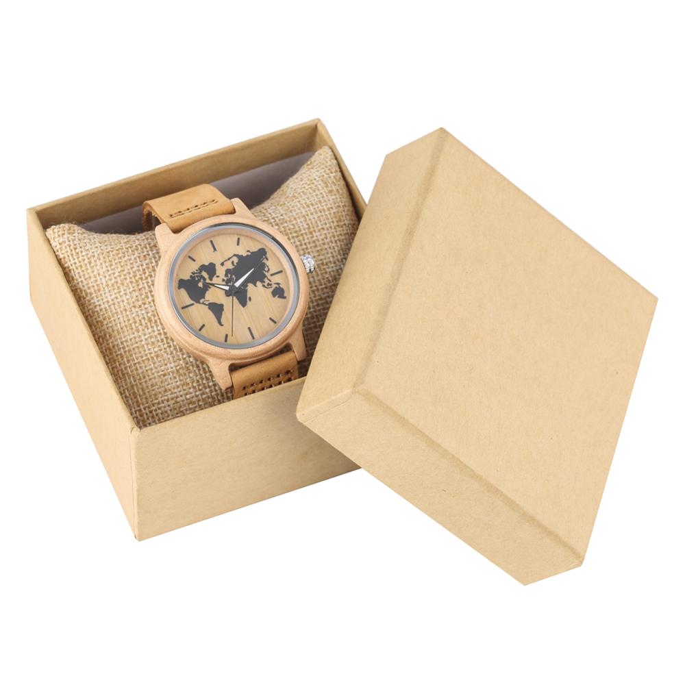 Wereldkaart houten horloge voor heren, duurzaam analoog houten horloge voor dames, dameshorloge van hout: C met doos