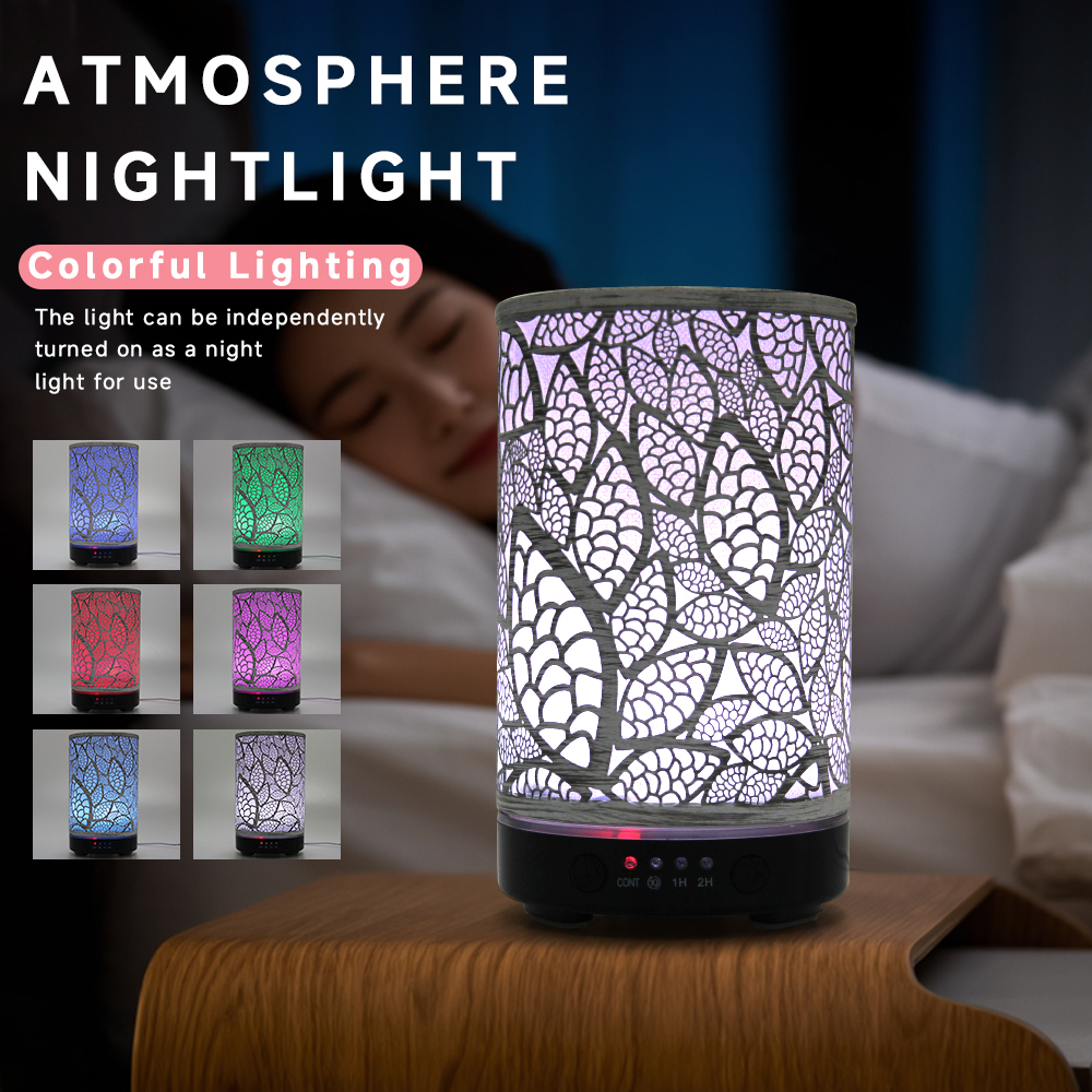 100 ml Diffusor für ätherische Öle, hohles Blatt, Ultraschall-Luftbefeuchter, Heimduft-Aroma-Diffusor mit 7 LED-Farbwechsellicht