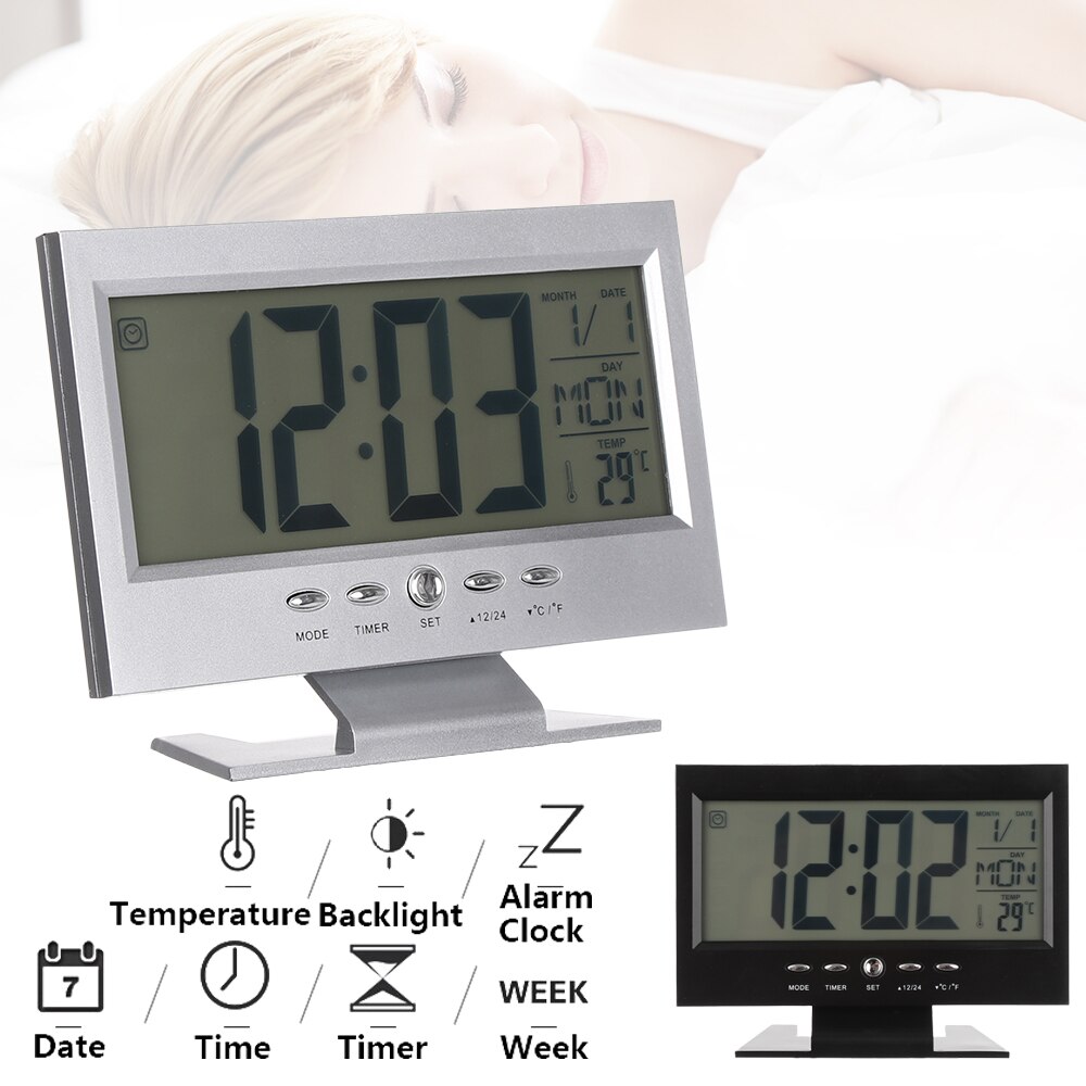 1PC Digitale Wekker LCD Display Kalender Voice Control Snooze Modus Thermometer Temperatuur Timer Desktop Ornament