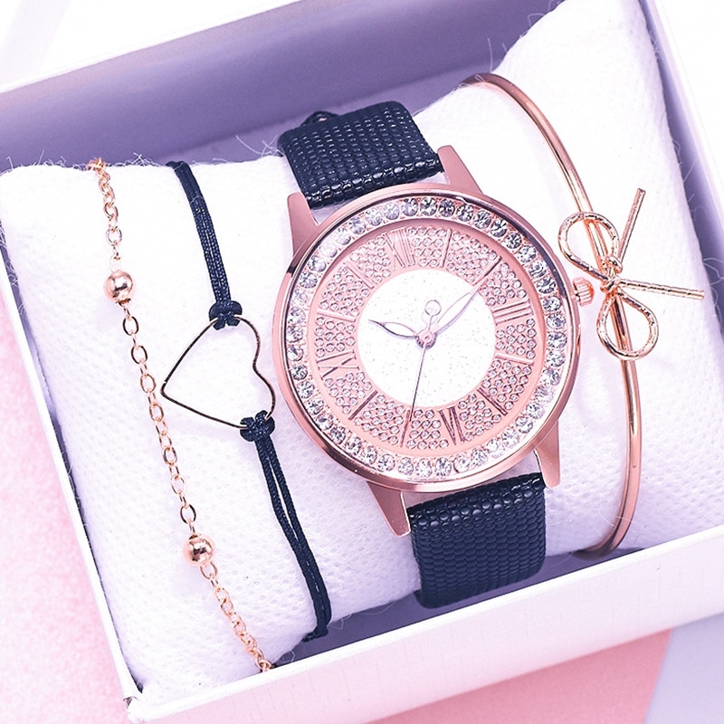 Dames leren sporthorloges quartzhorloges dames polshorloge dameshorloge met strass en armband