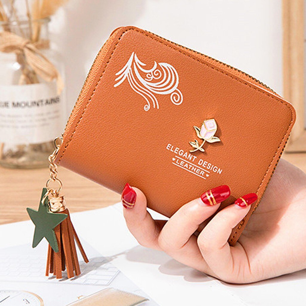 Women’ s Short Solid Color Flower Fringed Leather Wallet Female Simple Travel Outdoor credit card holder purse Mini Cluth Bag: Orange