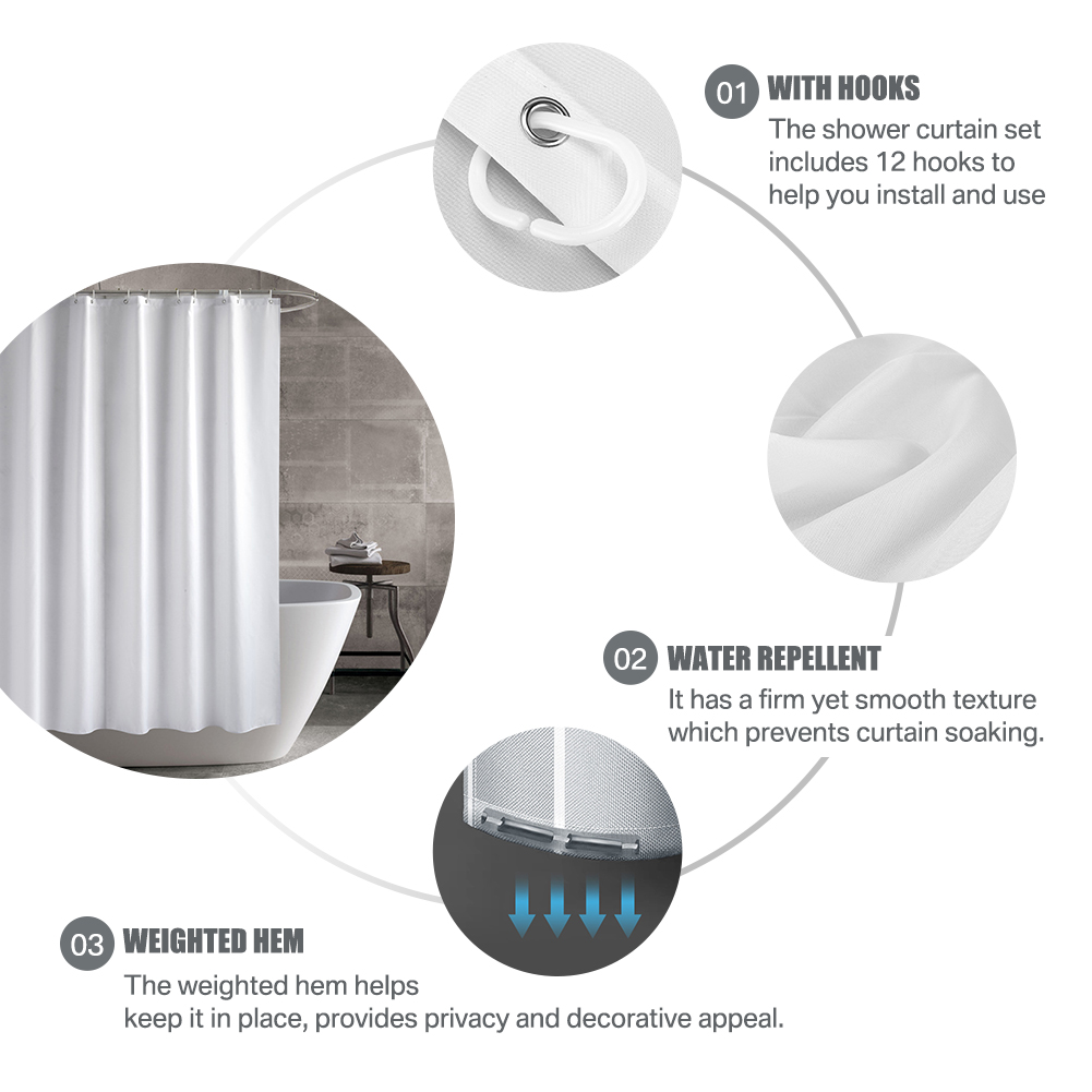 Solid Color Shower Curtain with Bottom Counterweight Waterproof Washable Bathroom Decor Shower Curtain with Hooks