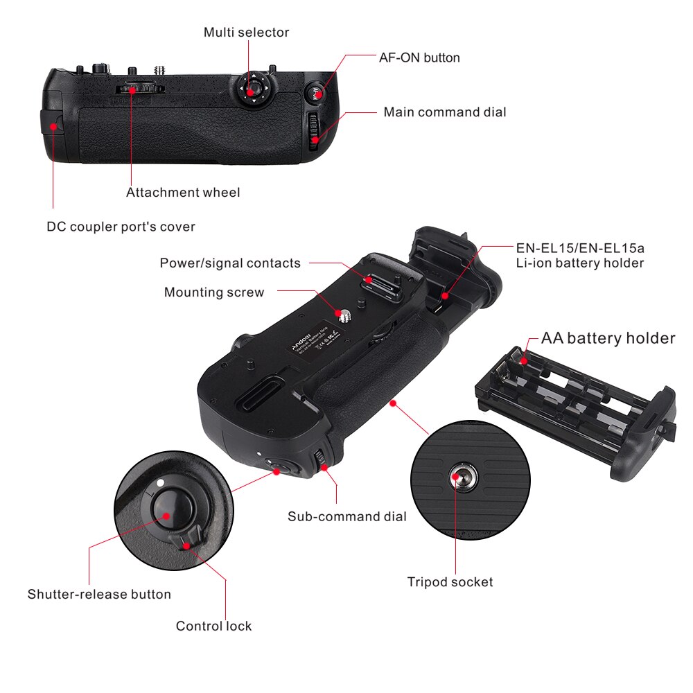 Andoer Vertikale Batteriegriff Halfter für Nikon D850 DSLR Kamera arbeiten mit Einem EN-EL15/EN-EL15a Li-ionen-akku oder 8 stücke AA batterie