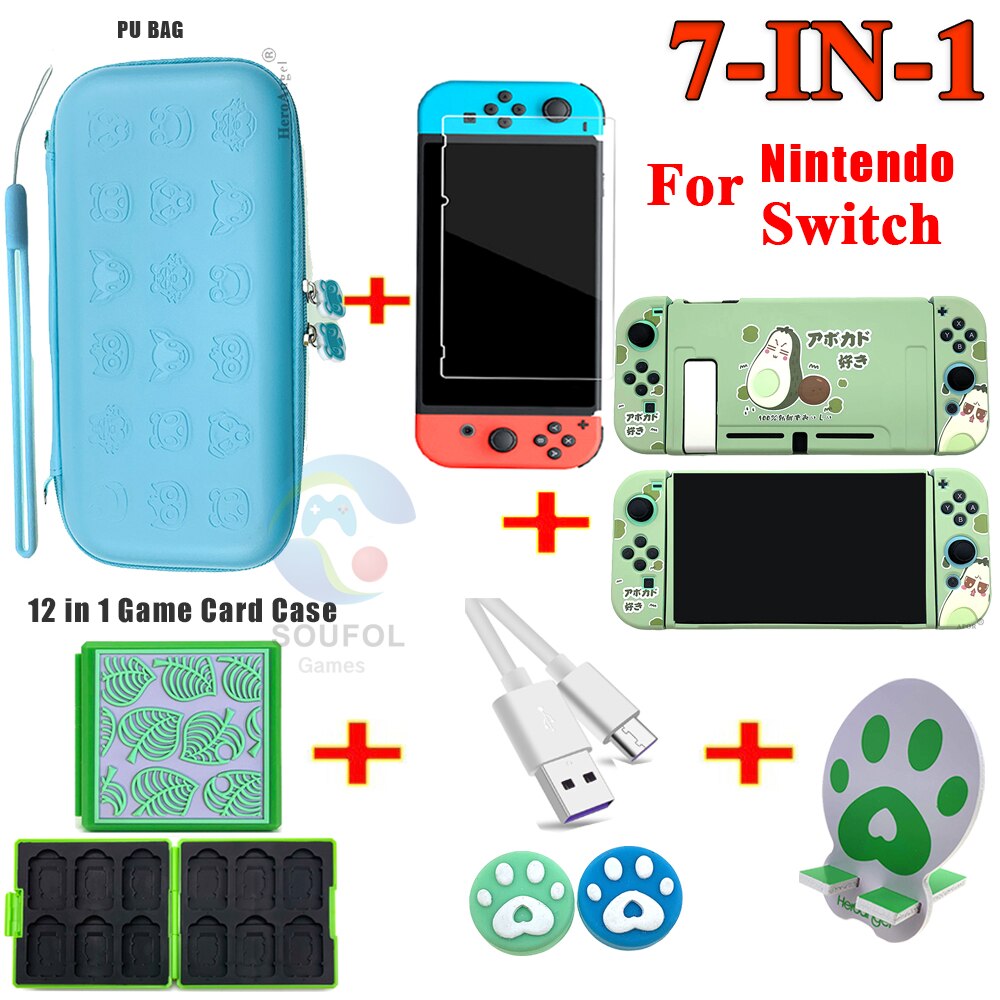 7 IN 1 Sakura custodia IN PU rosa per Nintendo Switch / Lite custodia da viaggio custodia IN pelle per Nintendo Switch accessori protettivi: Switch 7 in1 Blue C