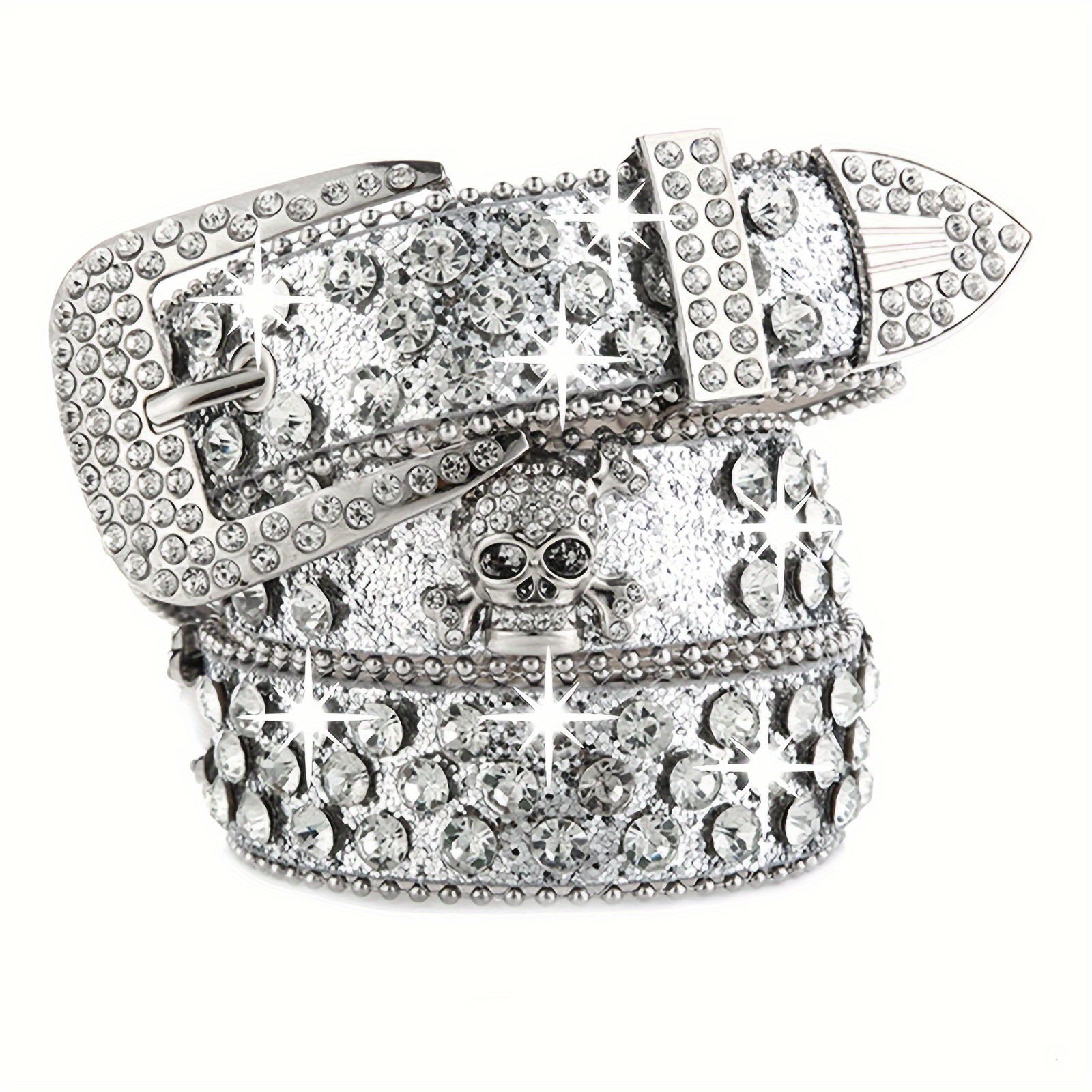 Skull Rivet Rhinestone Bb Belts Trendy Solid Color Sparkling PU Leather Belt Cowboy Cowgirl Jeans Pants Belt For Women Girls: WHITE
