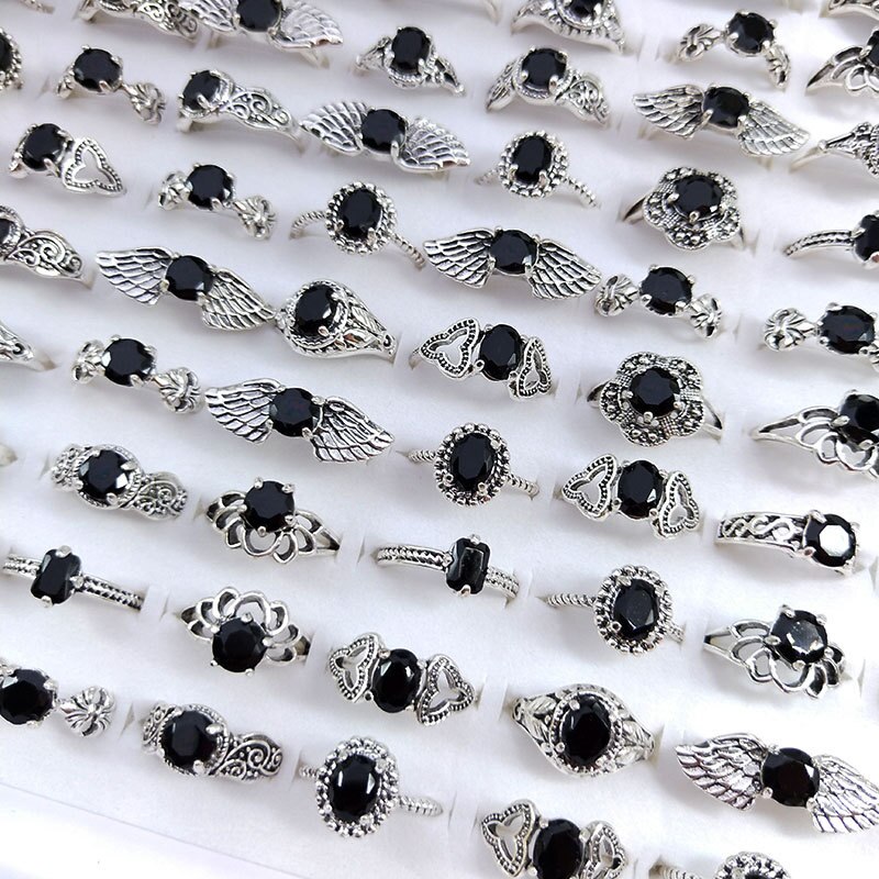 50 Stks/partij Vintage Zwart Glas Geometrie Ringen Voor Vrouwen Mix Style Mode Bruiloft Sieraden Party