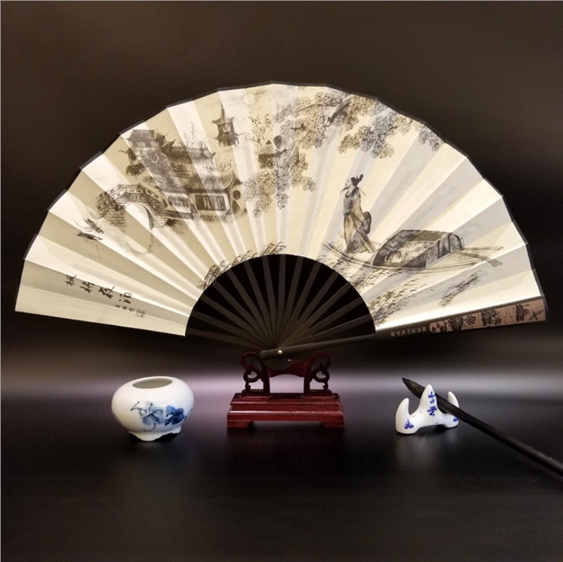 Kinesisk fan bambusventilator benprint 10 tommer stor fan foldbar bryllupsdekoration foldevifte klar til gæstes souvenirs: 5