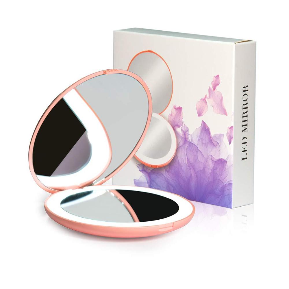 Espejo LED de bolsillo para maquillaje, Mini, portátil, con luz recargable, compacto, de mano, 1x aumento, plegable, espejo de belleza