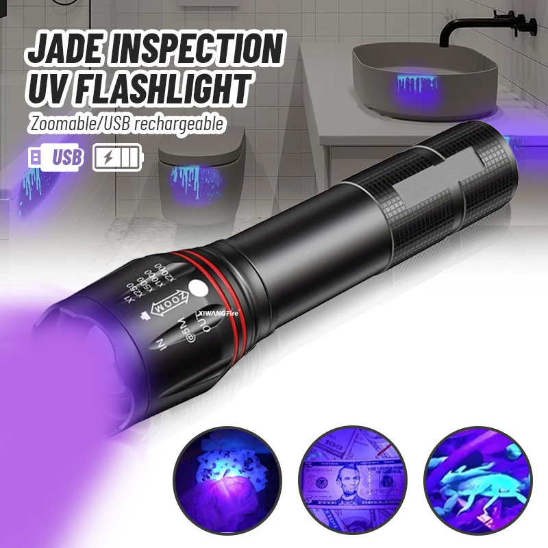 Usb-oppladbar uv-lommelykt med 395nm- zoombare svarte lys til neglegel, skorpionjakt og insektdeteksjon (kraftfull aluminiumslegering)