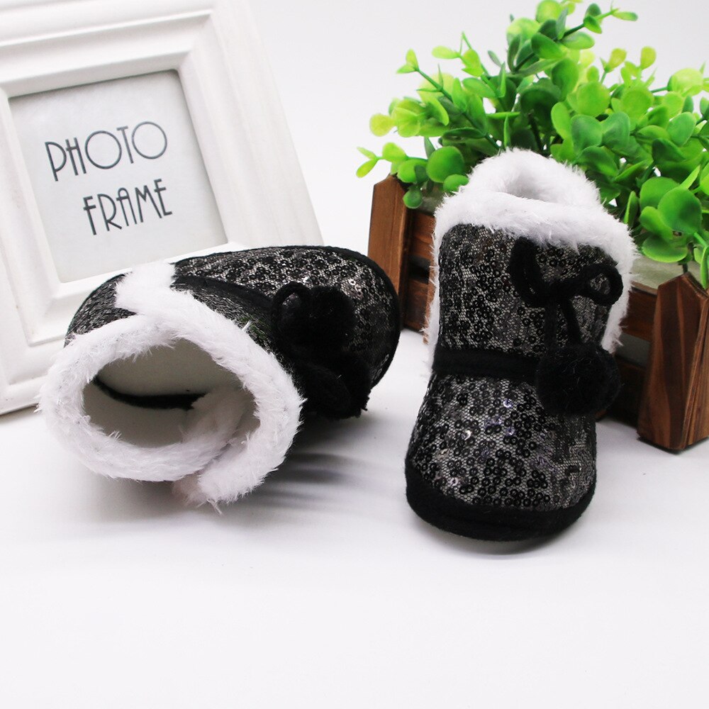 pudcoco Baby Girls Sequin Snow Boots Non-Slip Soft Sole Winter Warm Fur Lined Shoes Ankle Booties with Lace up Pom 0-12 Months