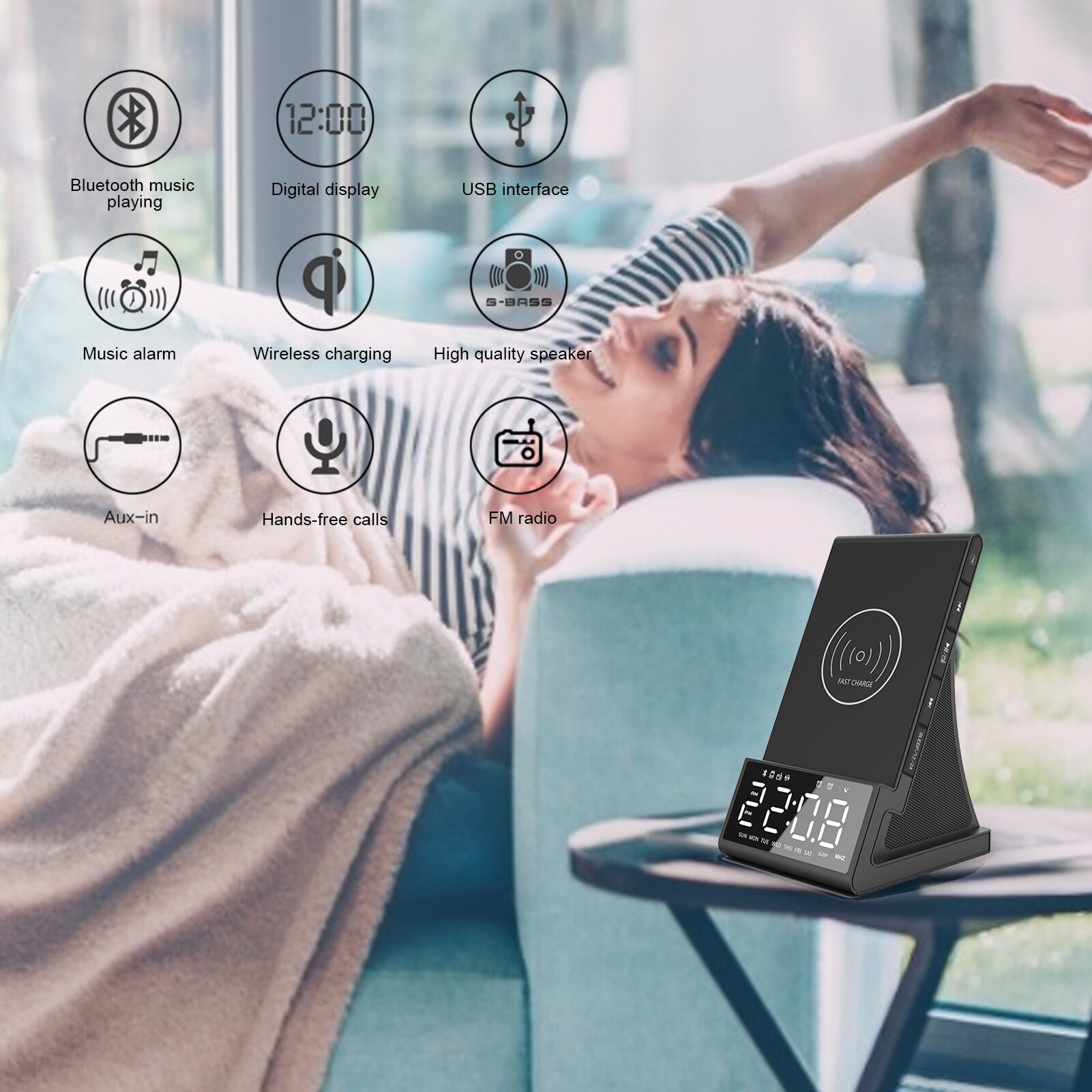 Wireless Charger Alarm Clock FM Bluetooth Playback LED Digital Alarm Clock Radio Remote Control Function Stereo Audio Equipment
