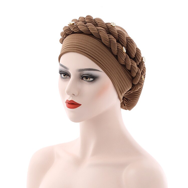 Gorros de estilo africano para mujer, turbante, autogel, musulmán, plisado, para boda mujeres musulmanas sombreros: brown