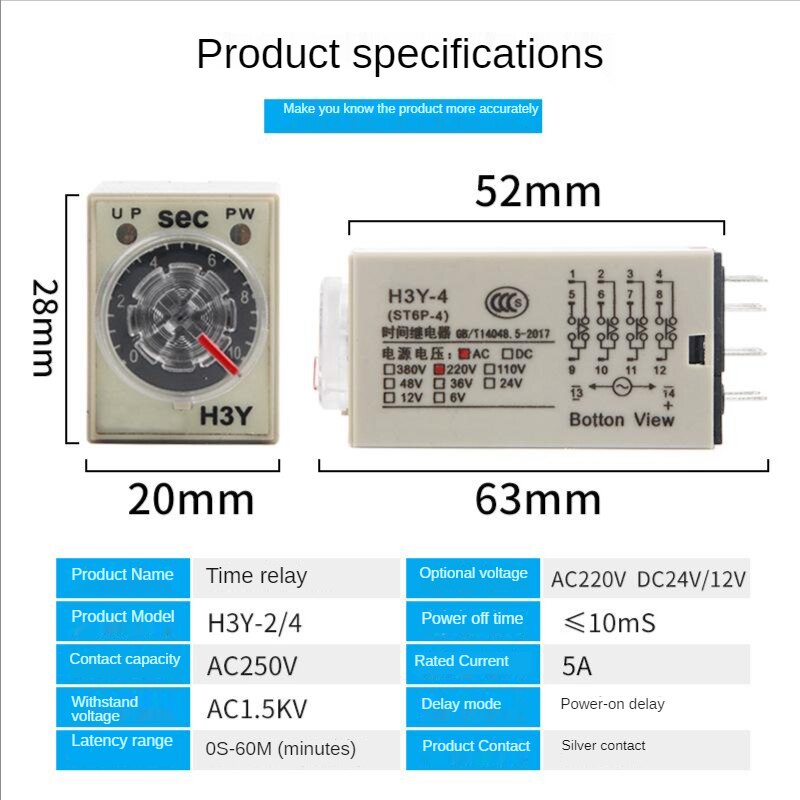 12VAC/VDC Time relay Delay range 0s-60m knob time control switch delay relay ,No base,Power on delay H3Y-2