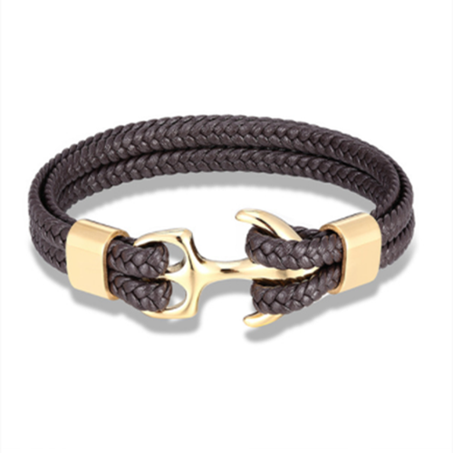 Mkendn Mode Lederen Armband Voor Mannen Black Braid Multilayer Touw Ketting Rvs Anker Mannelijke Sieraden Pulseras: Gold Coffee / 19Cm