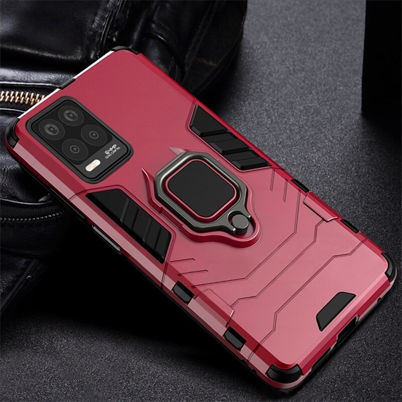 Pc Hard Armor Shockproof Bumper Coque Voor Realmi Realmy Relme Realme 8 Realme8 Pro Case Covers Magnetische Houder Beschermende Ring: for Realme 8 4G / red