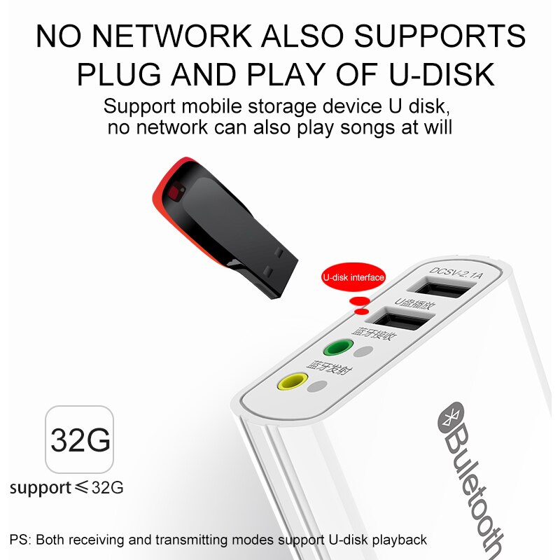 4 in 1 2.1A USB 2.0 Hub + Bluetooth 5.0 Receiver Transimtter with 3.5mm Jack Stereo Aux Audio Wireless Adapter for Speaker Car