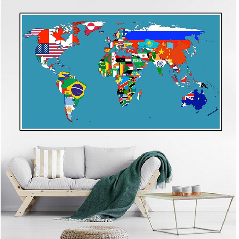 Diy verdenskort lavet med nationale flag mønster 150 x 100cm ikke-vævet dekor kort til vægindretning