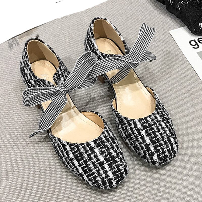 Sandalen met houten hakken, geruite strik, veterschoenen voor dames, feeënschoenen met vierkante neus, sandalen met hoge hakken, plus size 35-44 damessandalen
