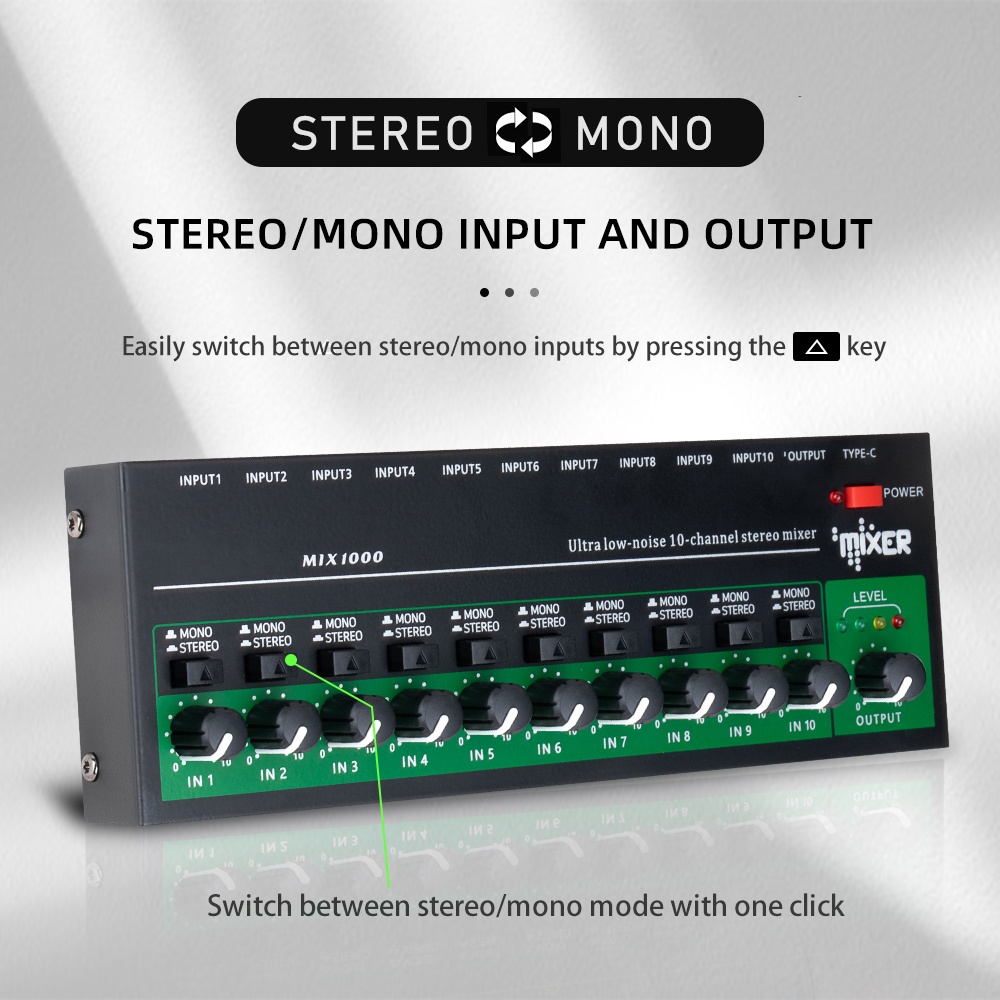 10- kanals lydmikser bærbar ultralavstøys stereo mono linjemikser 6.35mm- inngangs lydprosessor til gitar bass tastatur
