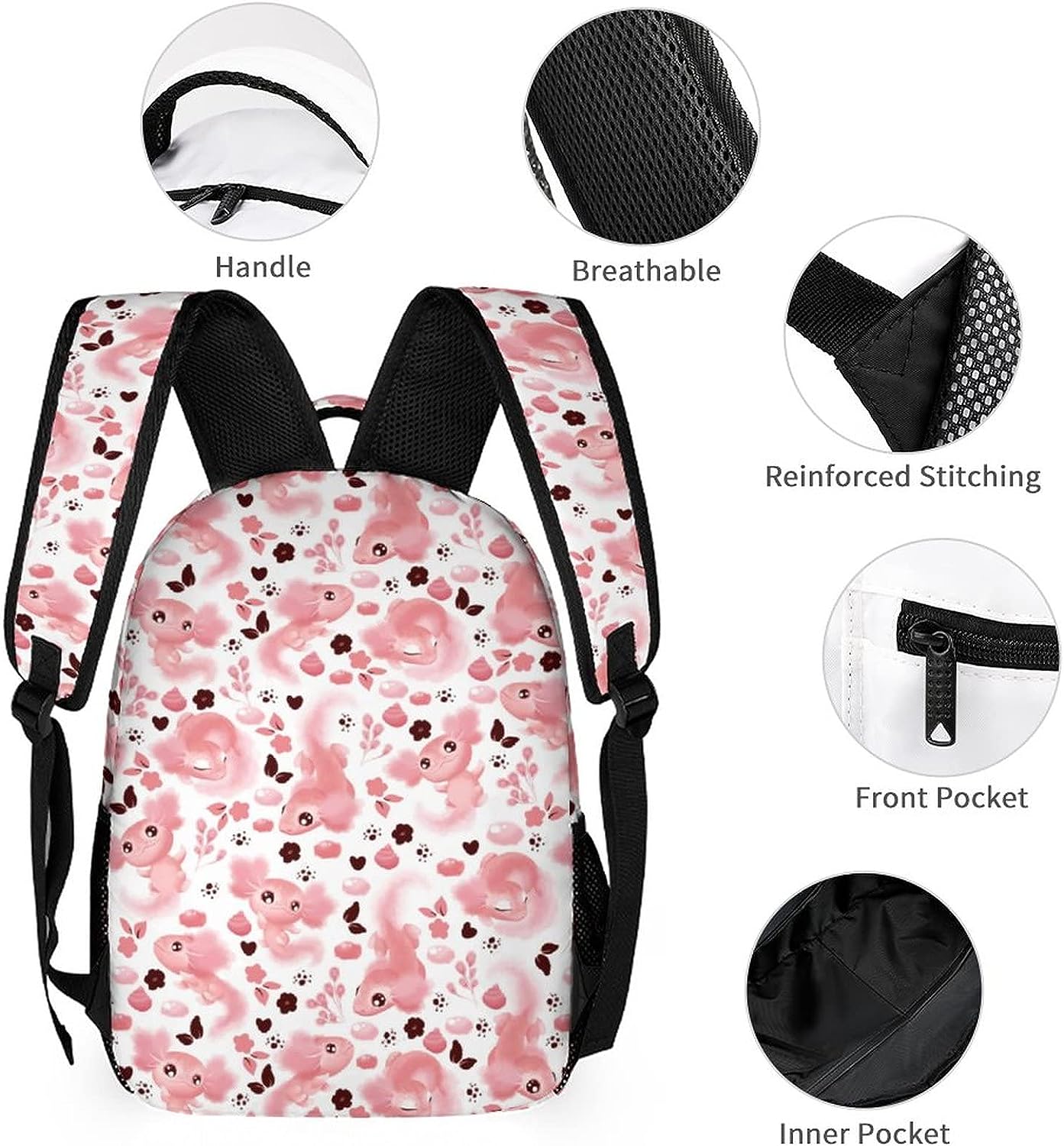 Cute Axolotl Backpack Laptop Backpack Lightweight Backpack Casual Daypack With Adjustable Straps.Cute Pink Axolotl