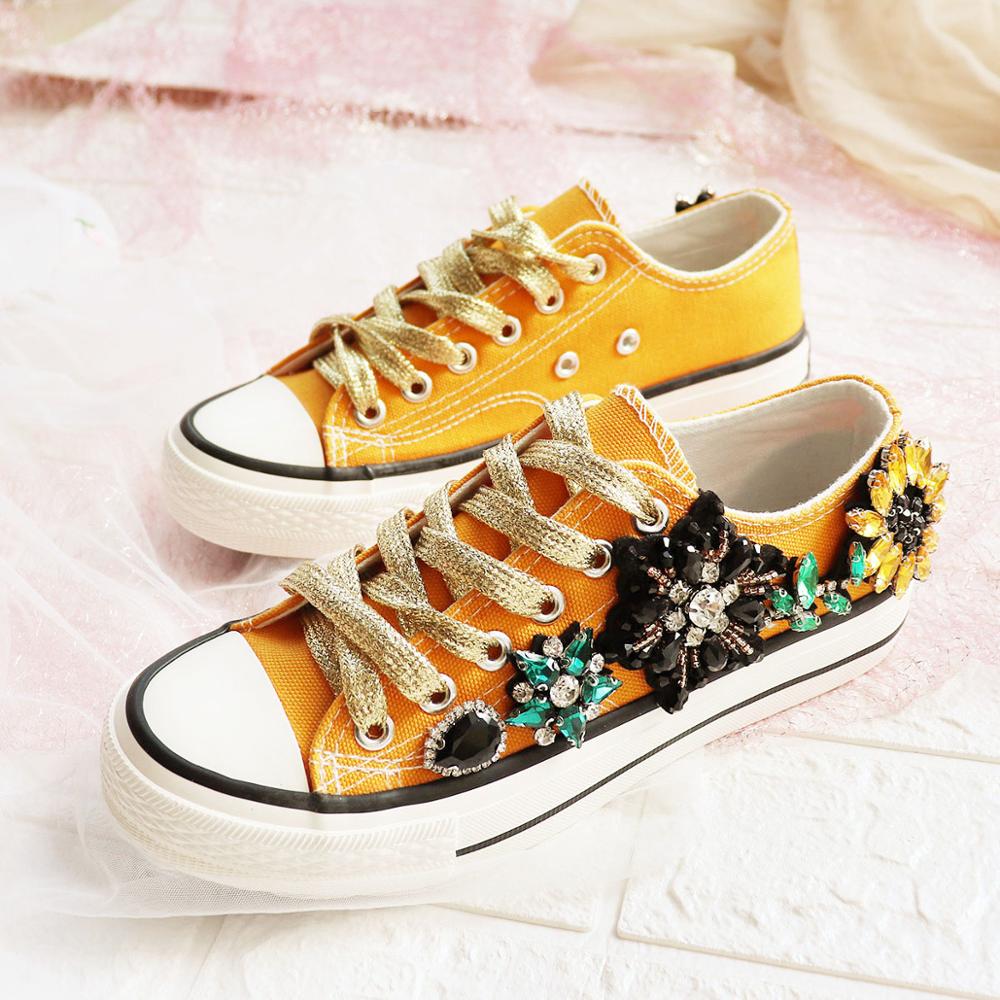 Zapatillas de deporte de lujo con flores y cristales de imitación, zapatos de lona informales para mujer, zapatos de boda brillantes para novia, cesta de entrenador plana para mujer: 9