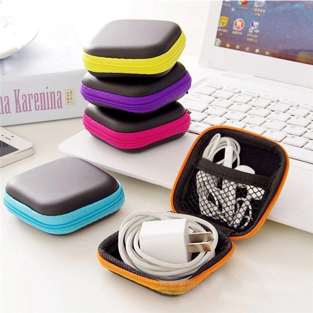 Bolsa portátil para auriculares, Mini caja dura de almacenamiento cuadrada con cremallera, funda para auriculares asimétrica a prueba de humedad, bolsa para auriculares