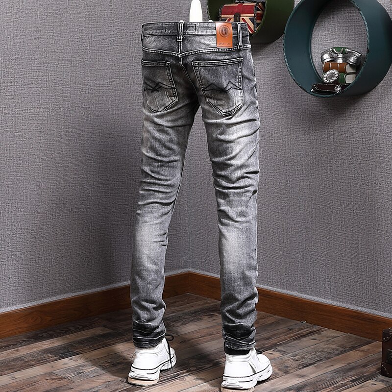 Pantalones vaqueros Vintage para hombre, Jeans rasgados ajustados elásticos Retro grises, desgastados de informal, europea