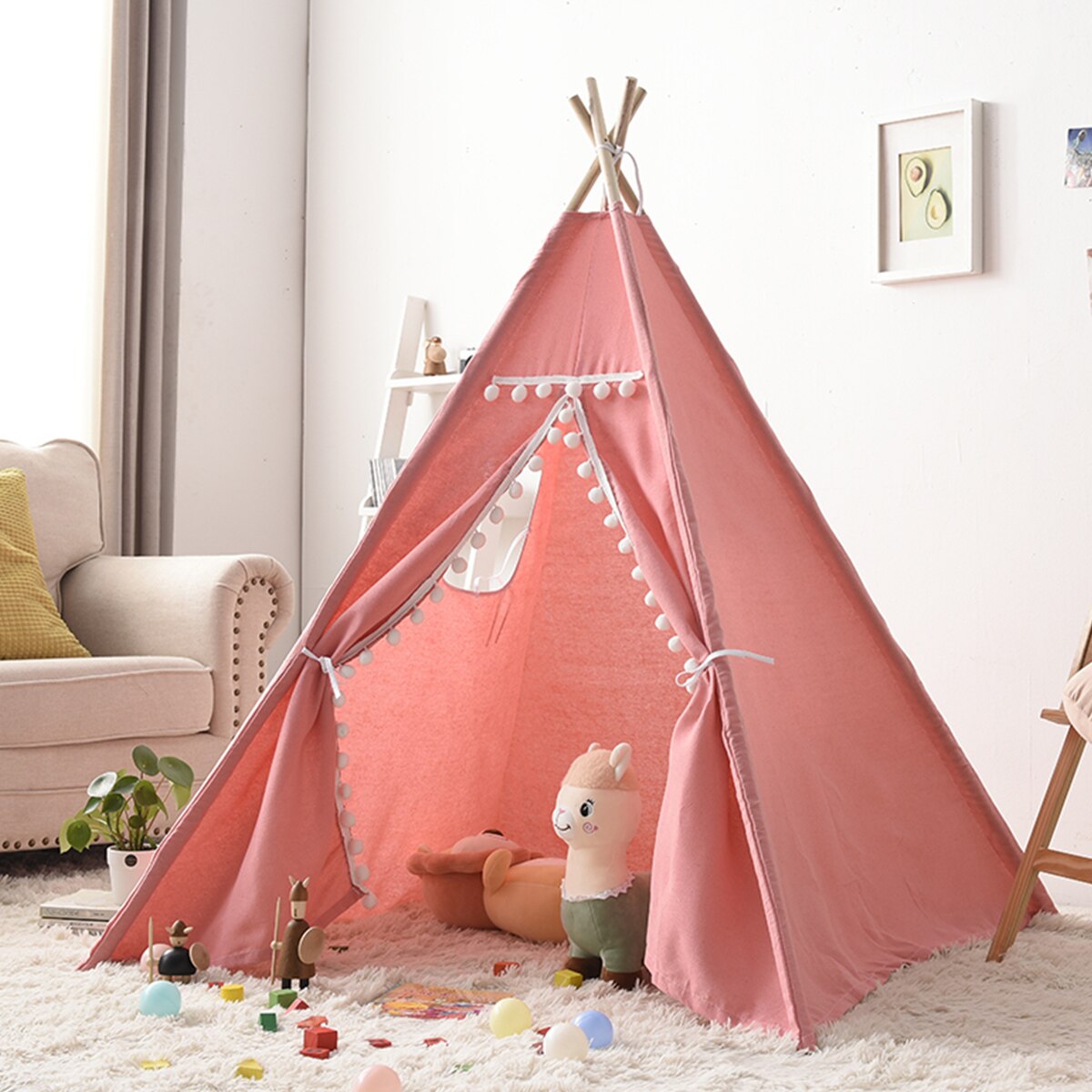 1.35M-1.8M Baby Tents Teepee Triangle Tent Kids Playhouse Cotton Canvas Pretend Play Tent Decoration Game House Boy Girls