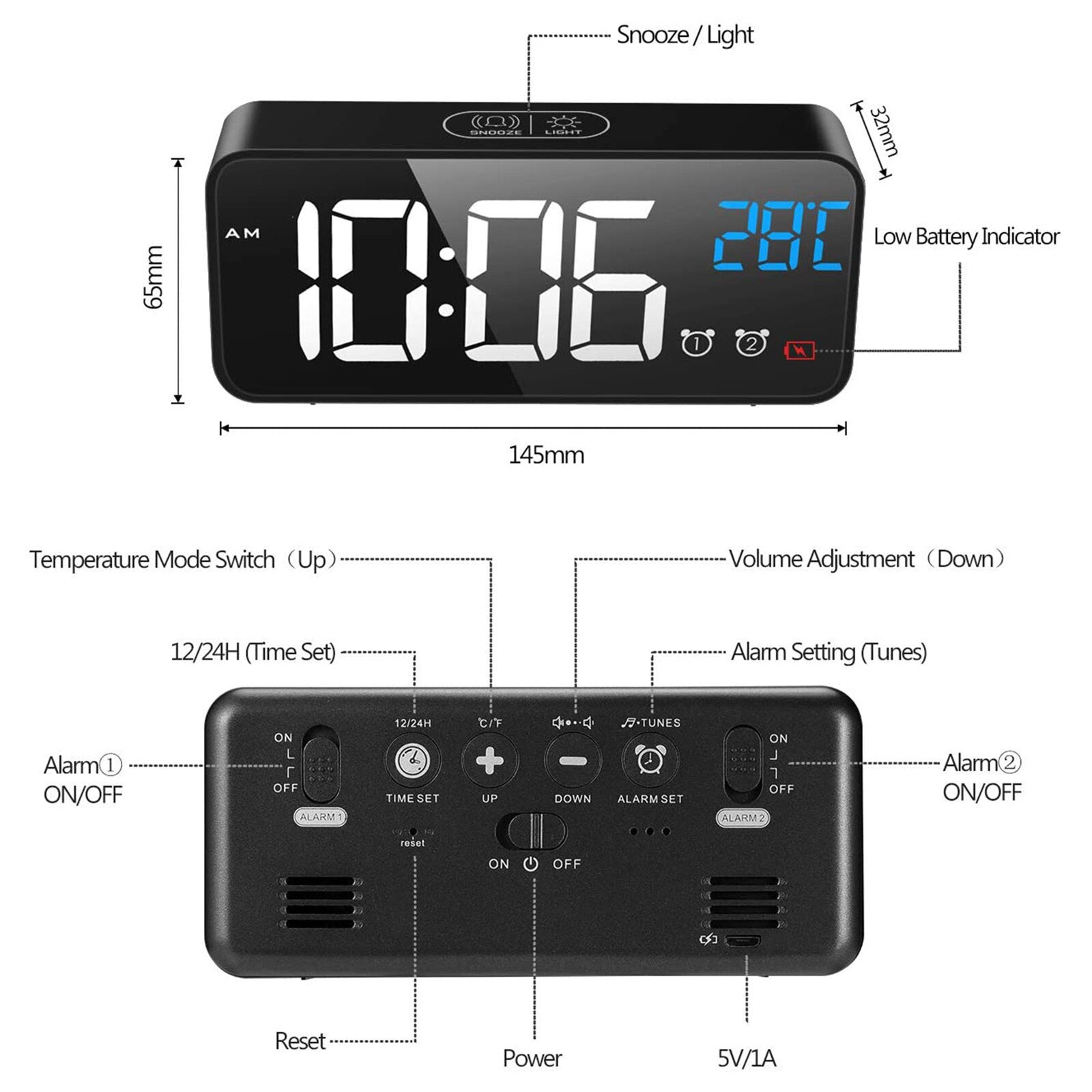 LED Mirror Alarm Clock Sound-Activated Clock Rechargeable Bedside Music Clock Multiple wake-up music#55