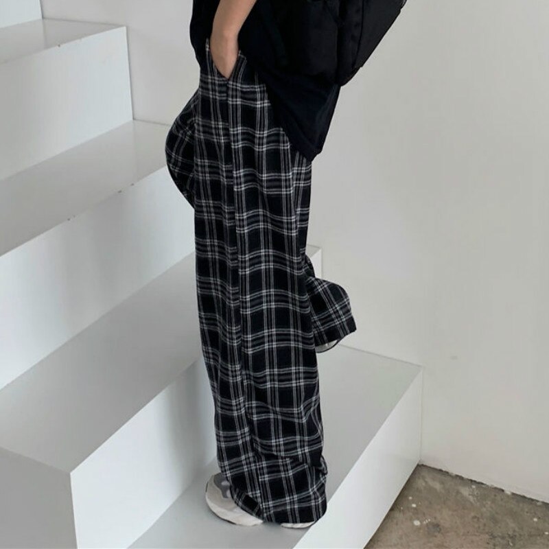 Pantalones a cuadros negros para mujer, ropa de calle Retro Harajuku para estudiantes, pantalón de pierna ancha de longitud completa, , Popular, Unisex, nueva