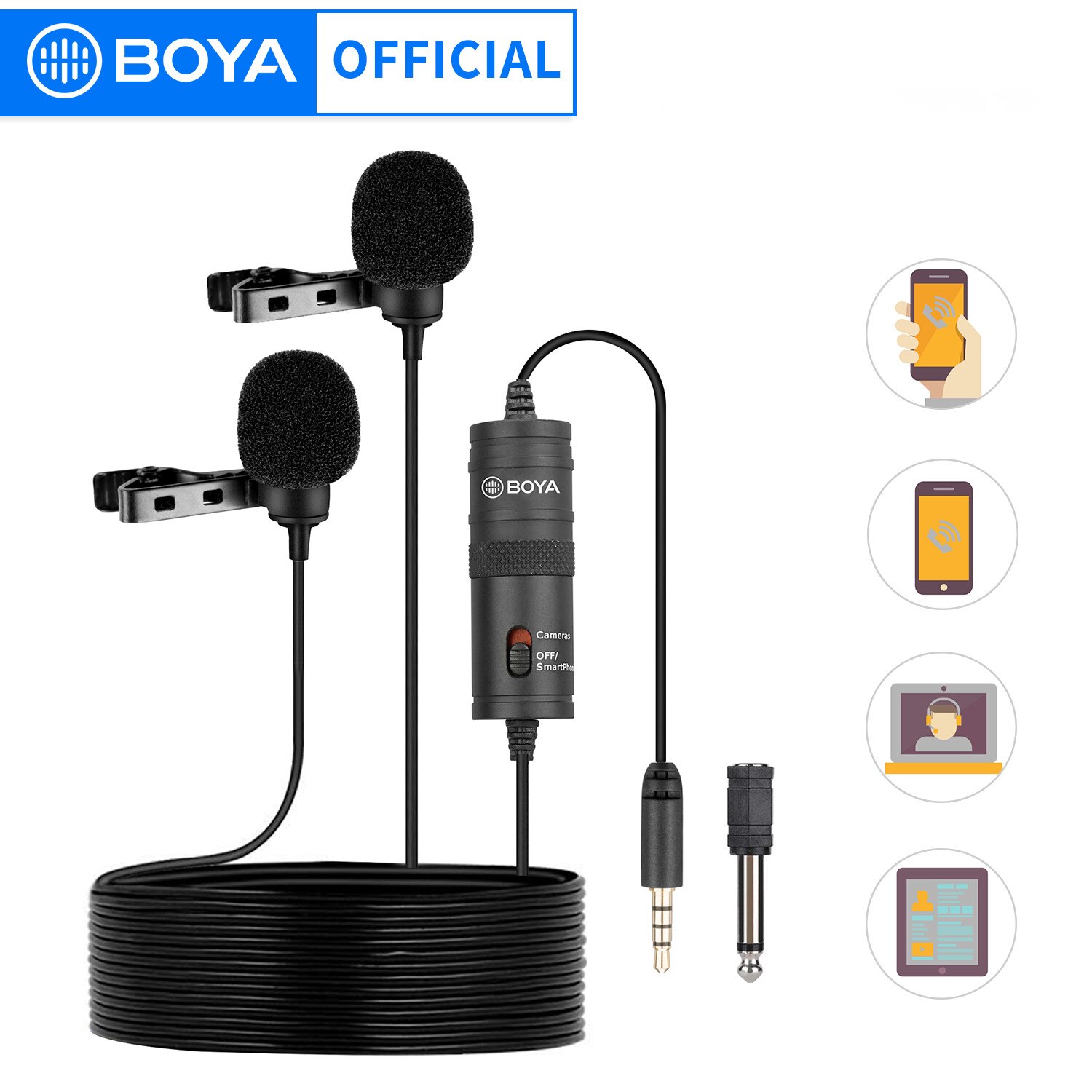 Boya BY-M1DM Dual Lavalier Microfoons Omnidirectionele Condensator Clip-On Revers Microfoon Voor Dslr Camera Ios Apparaat Live Interview