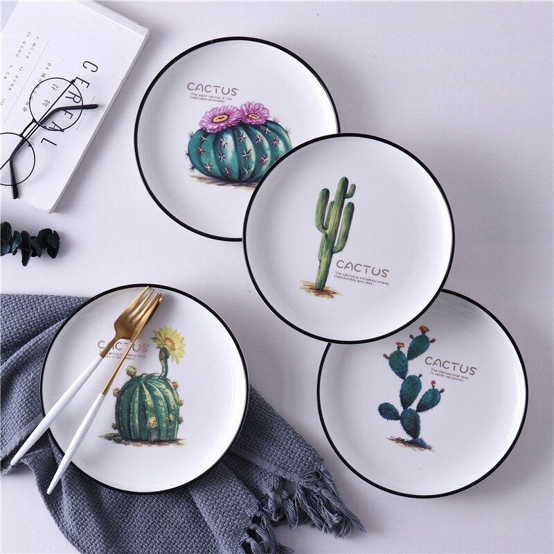 (4pcs) 8 inch Cactus Bone China Plate Tableware Dinner Salad Plates