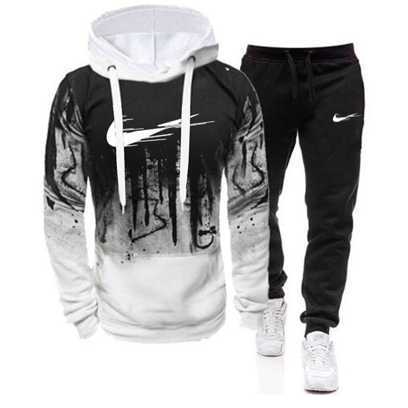 2 -delige heren sportkledingsets herfst/winter dikke heren casual trainingspak met capuchon, 2- delige sweatshirt + joggingbroekset: Wit / M