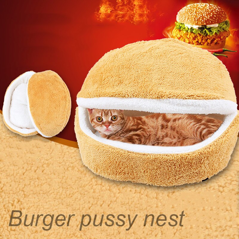 Sac de couchage pour chat, canapés, coussin pour chien, Hamburger, court, en peluche pour petit lit, , pour chiot, coussin pour nid, produits pour animaux domestiques