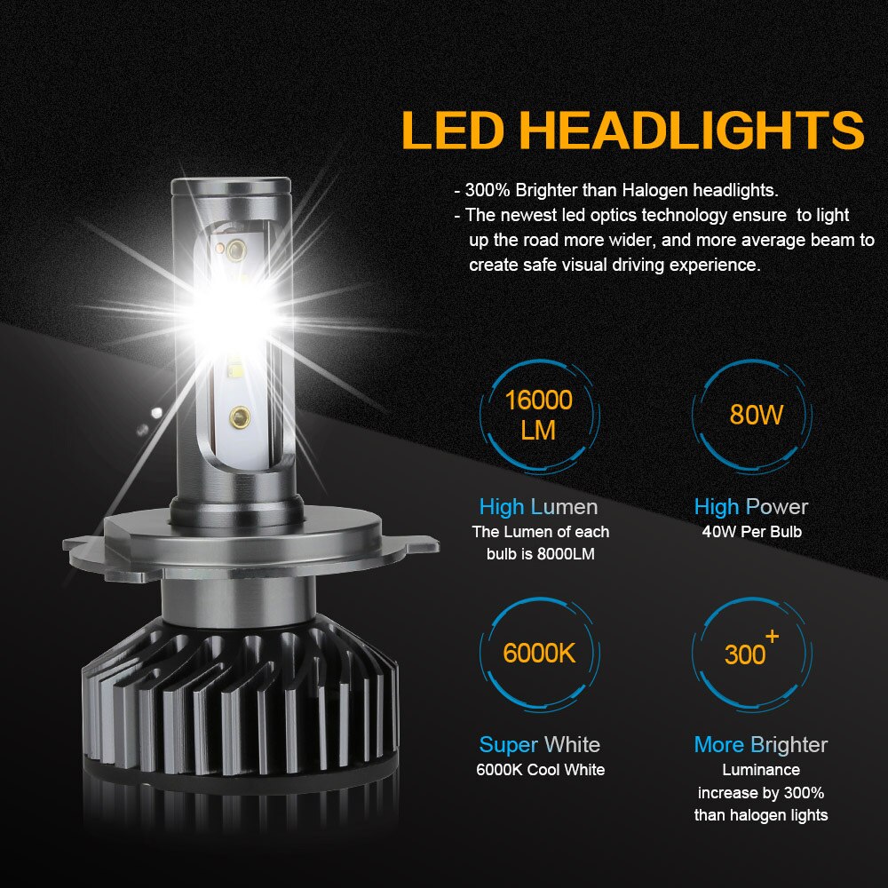 Zdatt  h7 led forlygter turbo  h4 led canbus 9005 hb3 9006 hb4 12v billygter 16000lm 80w h11 h8 h9 tågelygtepære 6000k autolygte