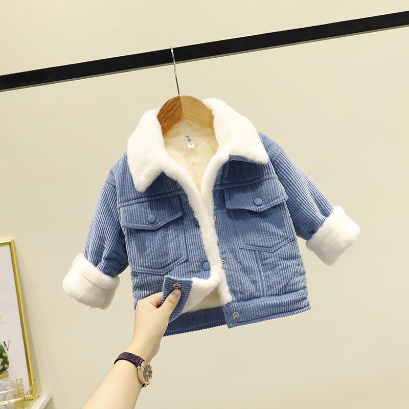 Baby Winter Kleding Plus Fluwelen Gewatteerde Jas, Jongen Buitenlandse Stijl Winter Jas, Kids Corduroy Gewatteerde Jas: sky blue / 3T 90-100cm