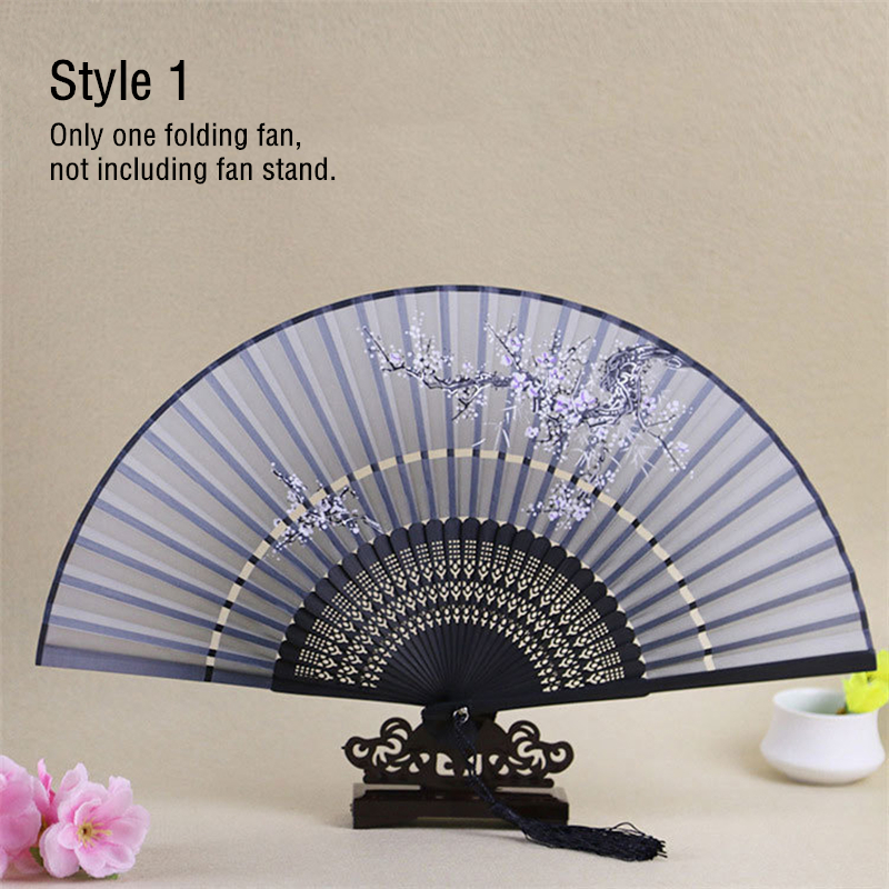 Chinese Style Carved Bamboo Craft Fan Two Sections Folding Silk Cloth Hand Fans Handmade Home Decoration