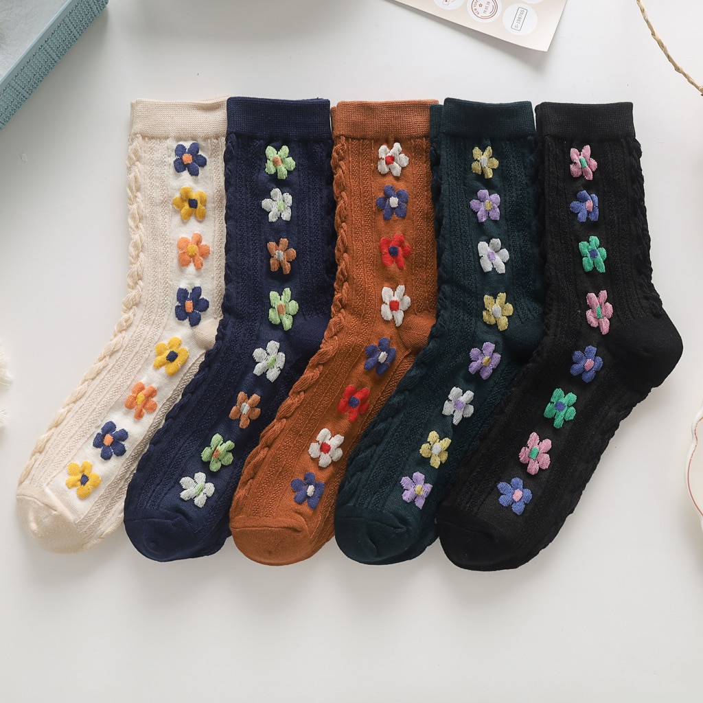 Women Autumn Winter Socks Ladies Knitting Flowers Happy Female Socks Casual Sox