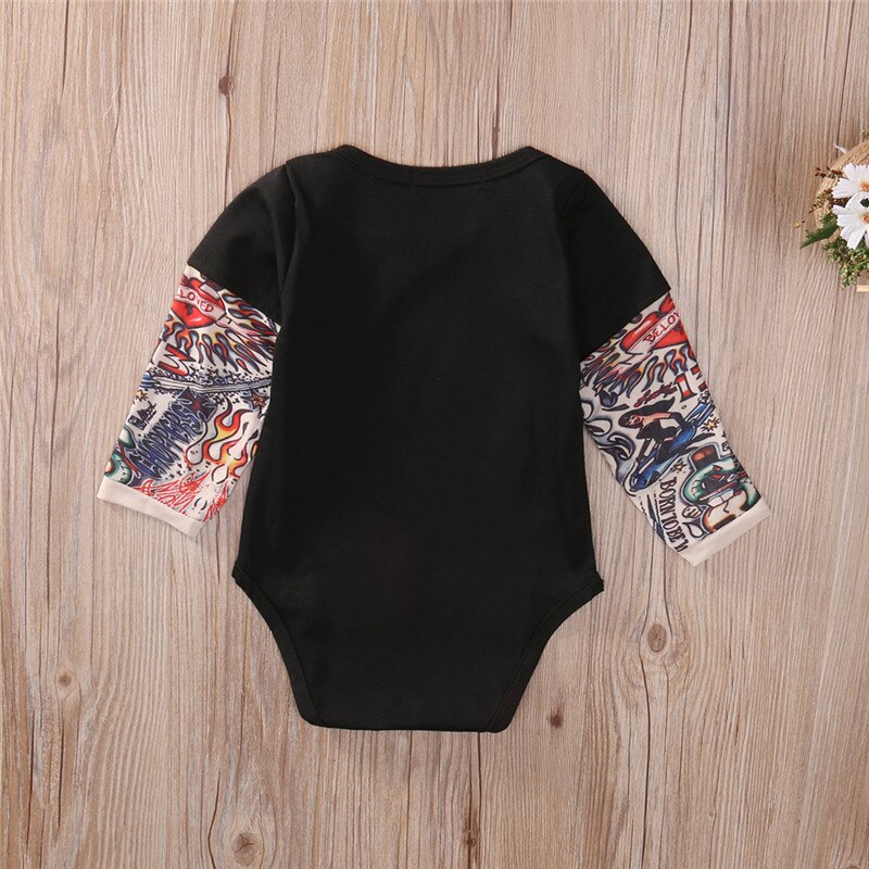 Herfst katoen Pasgeboren Baby Jongen Zwart Grijs Bodysuit Kleding Tattoos Print Lange Mouwen Bodysuit Jumpsuit Outfits