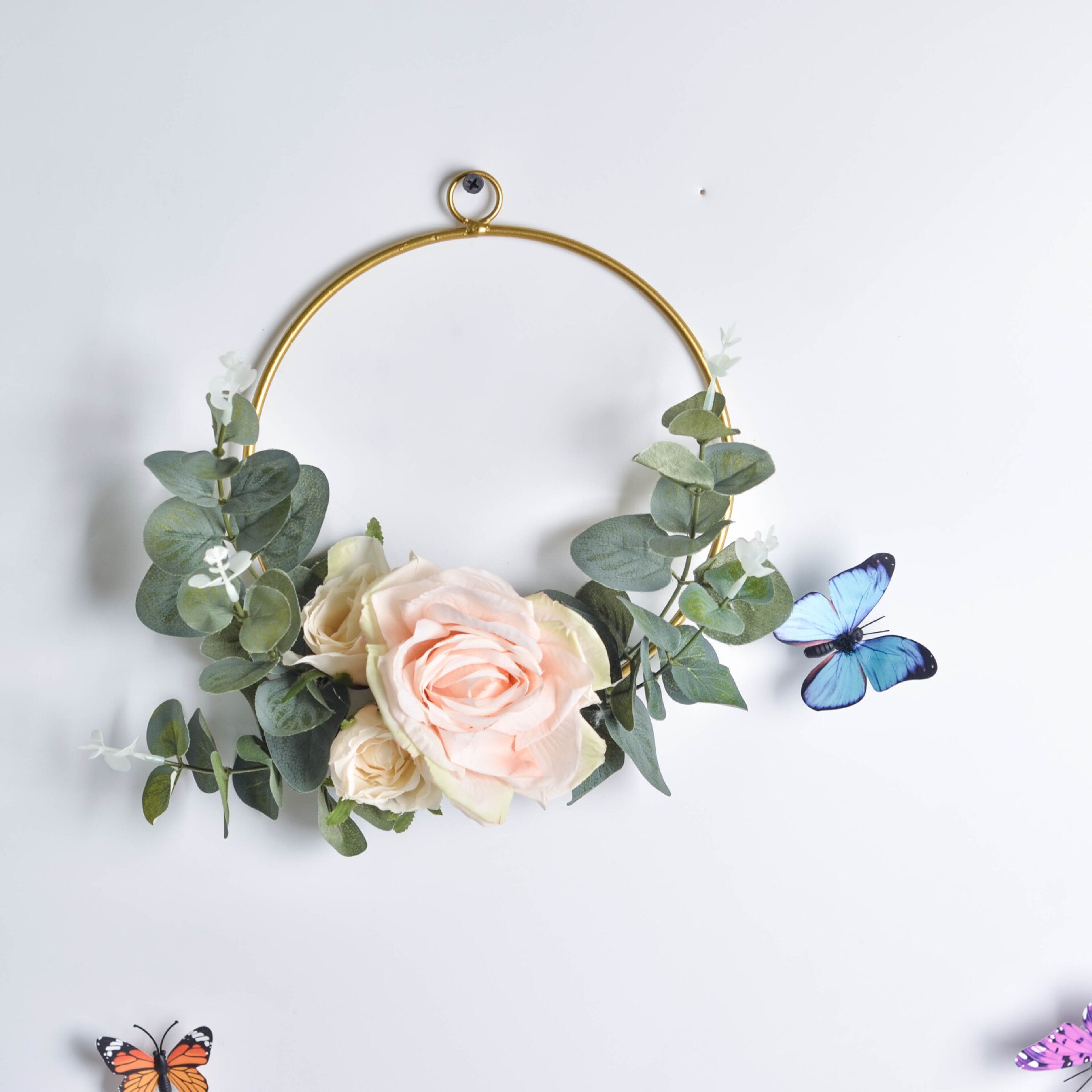 Cilected Geometric Metal Garland Home Hanging Artificial Rose Flower Ring Holder Wall Hoop Wreath Wall Hanging Decoration