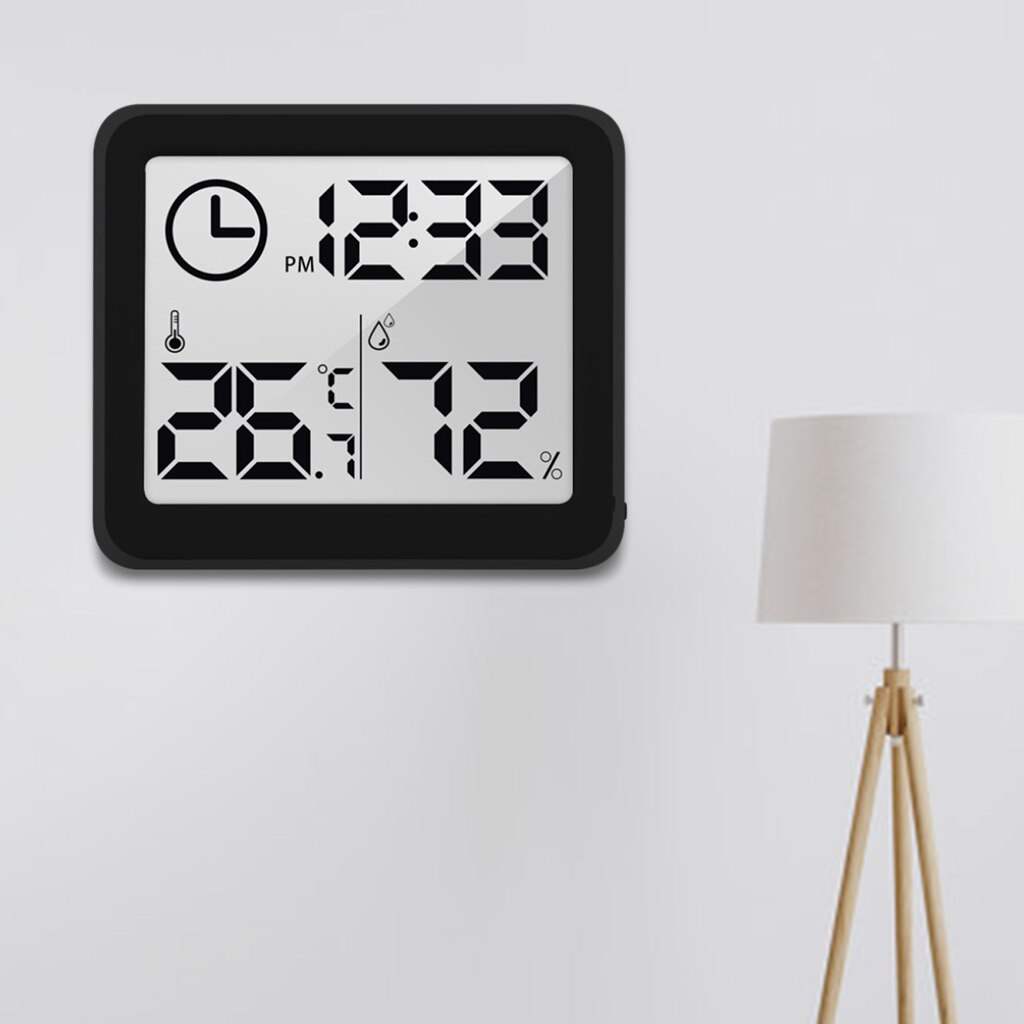 Compact Indoor Desktop Digital Clock Easy to Read Thermometers Hygrometer: Black