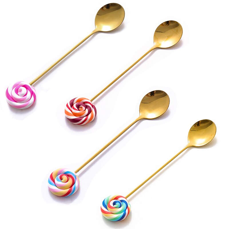 2 Stks/set Lollipop Handvat Lepel En Vork Hars Handvat Roestvrij Staal Fruit Vork Ijs Lepel Soep Lepel Koffie Lepel