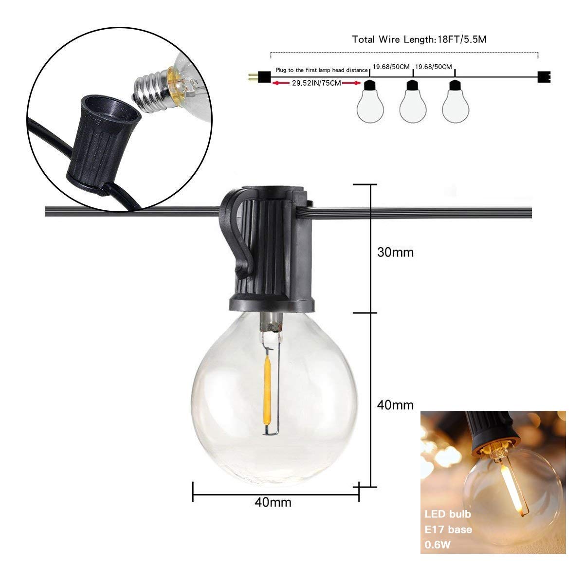 G40 led slingor 18ft 12 st led klotlampor  e12 220v 110v för uteplats trädgårdsfest bröllop utomhusdekoration 2 extra glödlampor